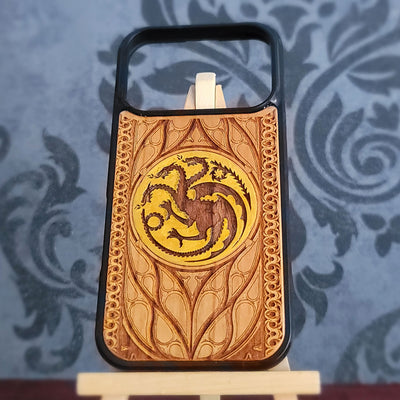 Hand painted dragon cherrywood case for Galaxy S26 Ultra with engraved fantasy emblem