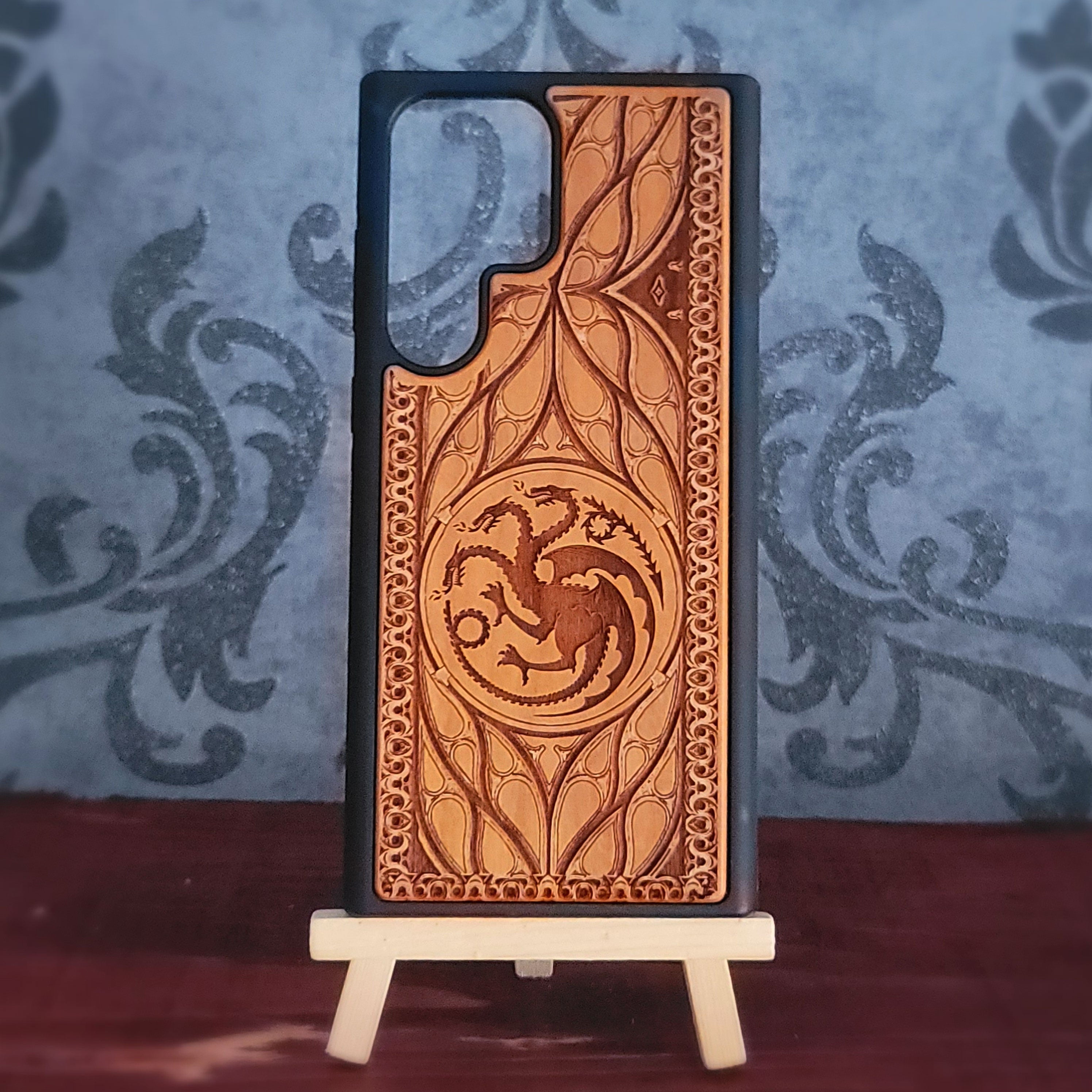 Game of Thrones dragon design wood phone case, handcrafted and laser engraved