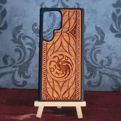 Game of Thrones dragon design wood phone case, handcrafted and laser engraved