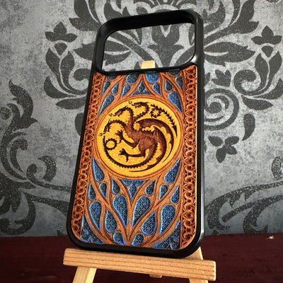 Game of Thrones Targaryen dragon sigil engraved wood phone case with blue and gold painted details