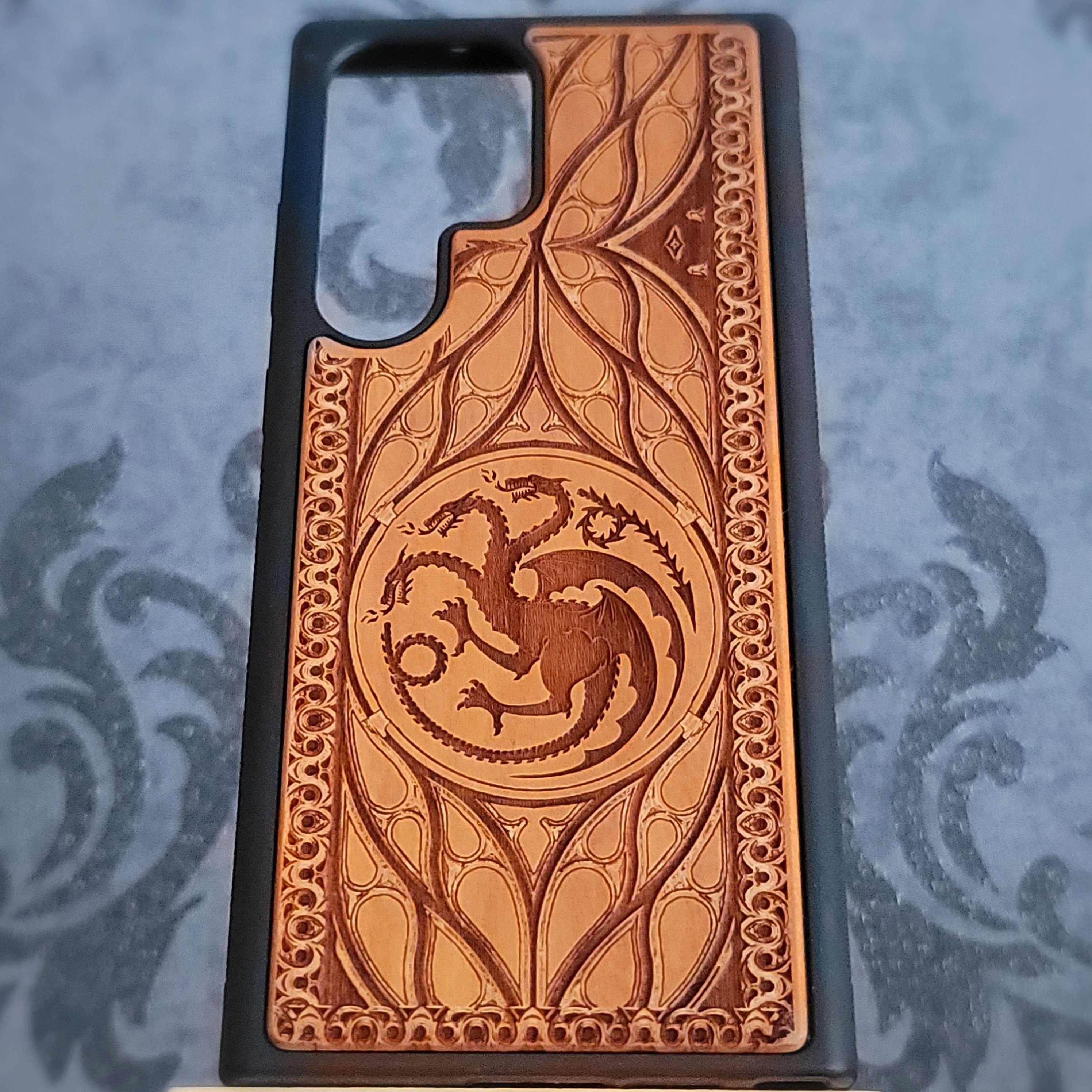 Game of Thrones dragon design wood phone case, handcrafted and laser engraved