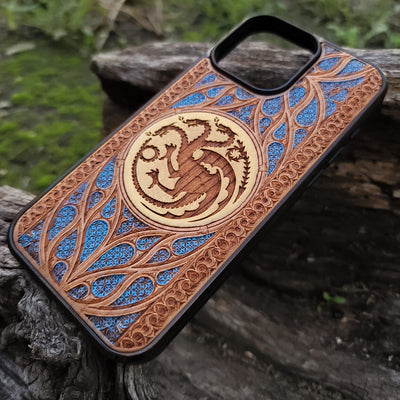 Hand-painted wood phone case with Gothic pattern design for iPhone  & Samsung Galaxy S. Unique laser-engraved detailing and premium wood craftsmanship for protection and style. Compatible with iPhone , 15, 14, 13, 12, 11 Pro Max Mini, and Samsung Galaxy S, S24, S23, S22, S21, S20 Ultra, Plus, Note 20.
