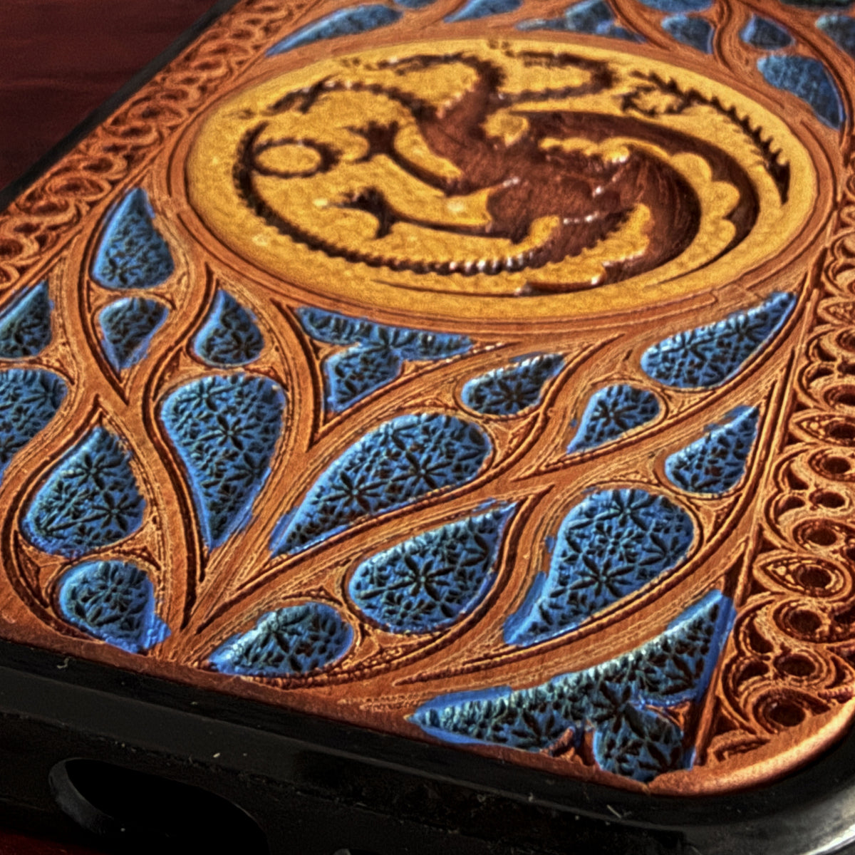 House Targaryen three dragon emblem laser engraved and hand painted on cherrywood phone case