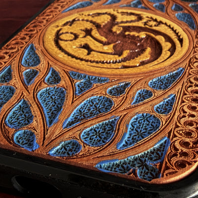 House Targaryen three dragon emblem laser engraved and hand painted on cherrywood phone case