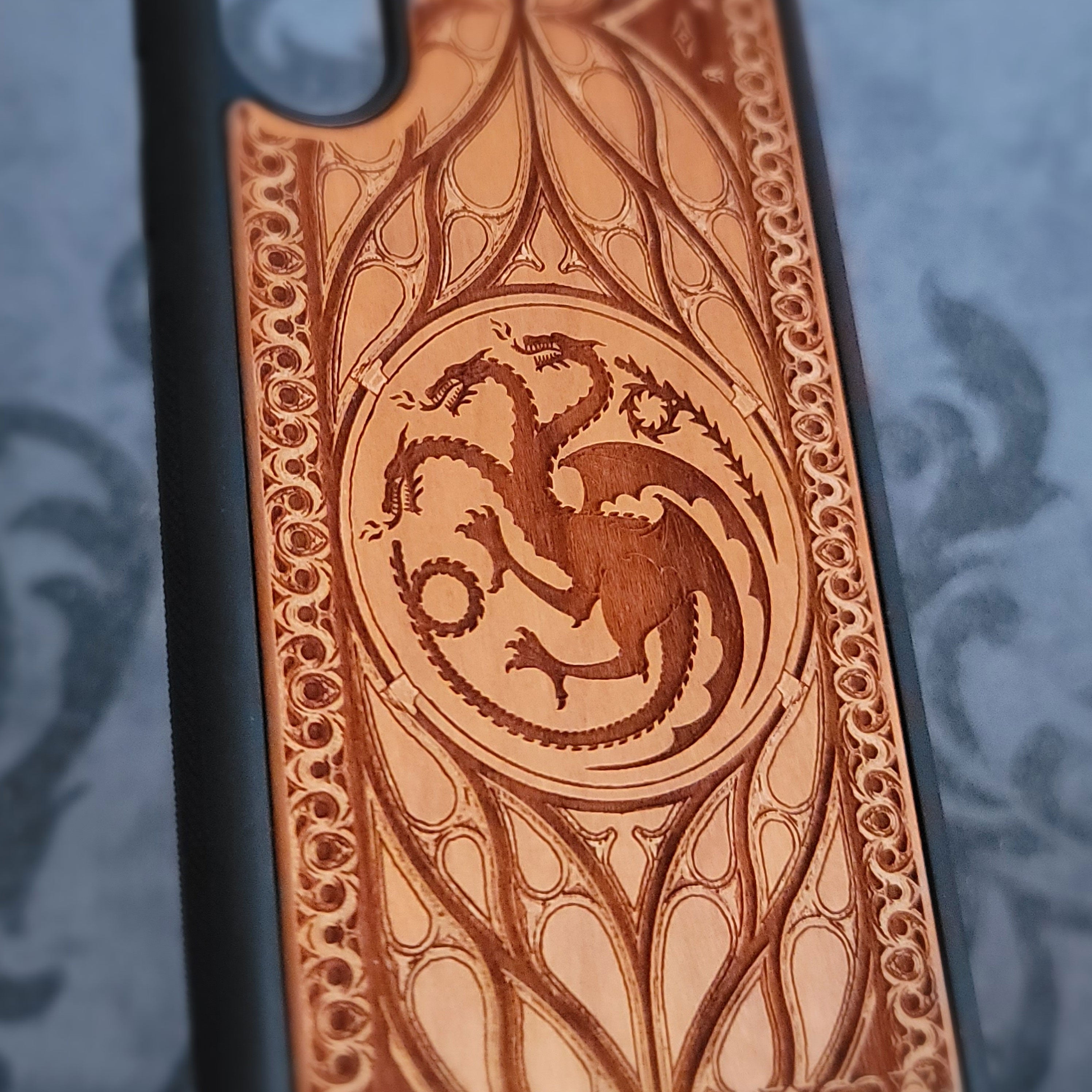 Game of Thrones dragon design wood phone case, handcrafted and laser engraved