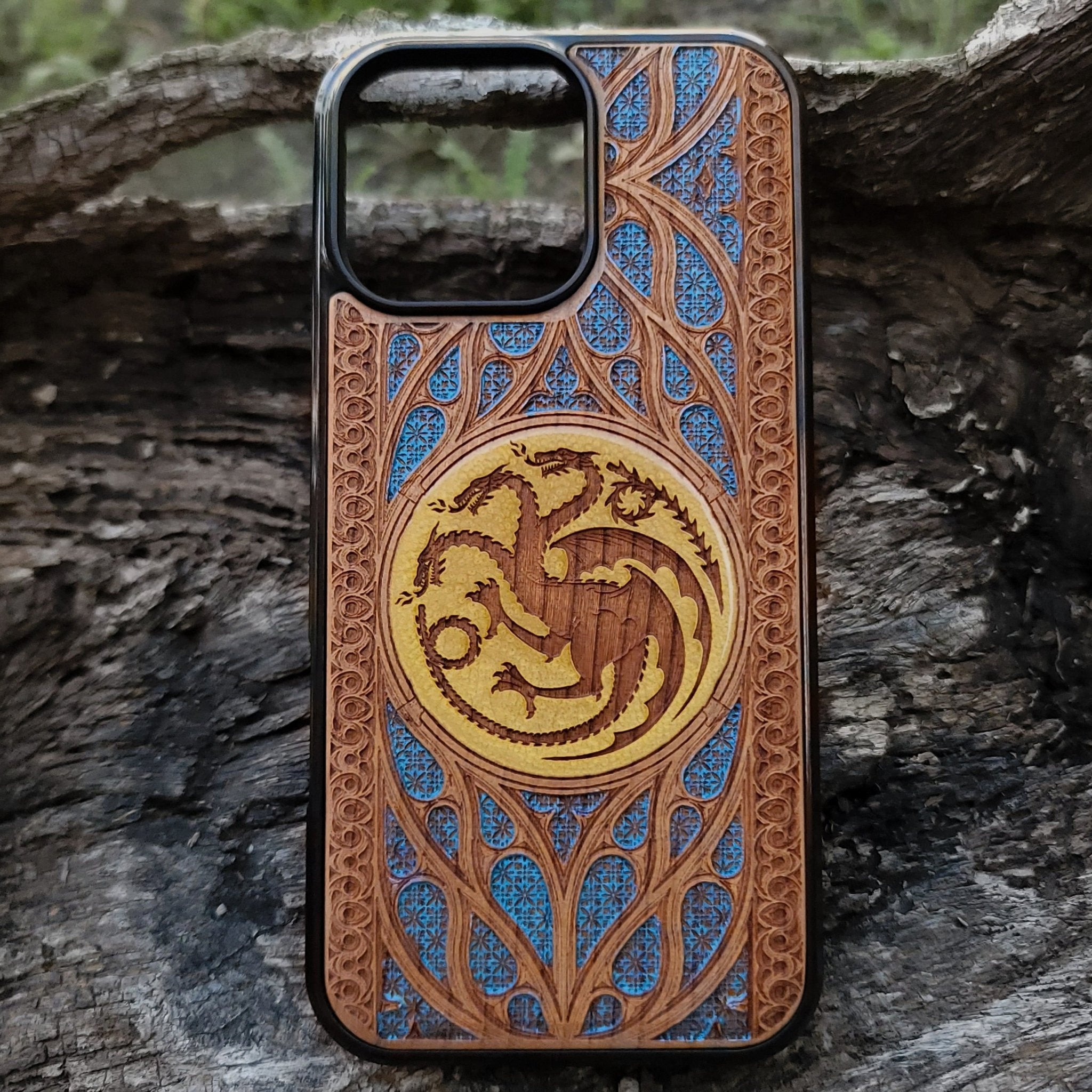 Hand-painted wood phone case with Gothic pattern design for iPhone  & Samsung Galaxy S. Unique laser-engraved detailing and premium wood craftsmanship for protection and style. Compatible with iPhone , 15, 14, 13, 12, 11 Pro Max Mini, and Samsung Galaxy S, S24, S23, S22, S21, S20 Ultra, Plus, Note 20.