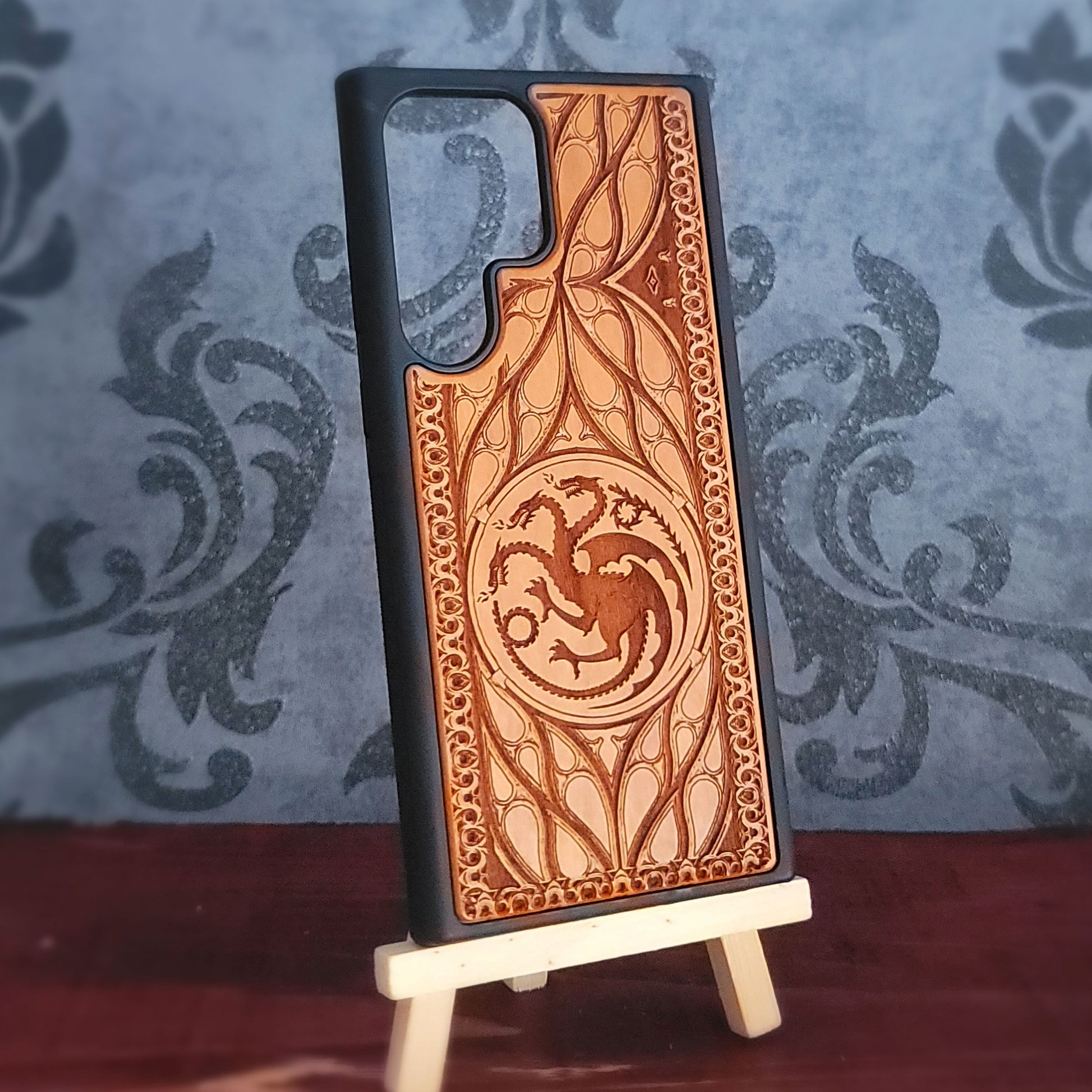 Game of Thrones dragon design wood phone case, handcrafted and laser engraved
