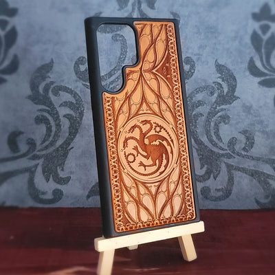 Game of Thrones dragon design wood phone case, handcrafted and laser engraved