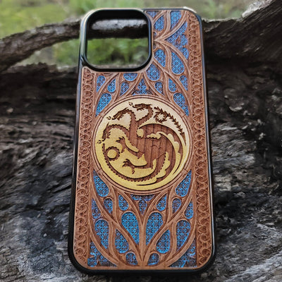 Hand-painted wood phone case with Gothic pattern design for iPhone  & Samsung Galaxy S. Unique laser-engraved detailing and premium wood craftsmanship for protection and style. Compatible with iPhone , 15, 14, 13, 12, 11 Pro Max Mini, and Samsung Galaxy S, S24, S23, S22, S21, S20 Ultra, Plus, Note 20.