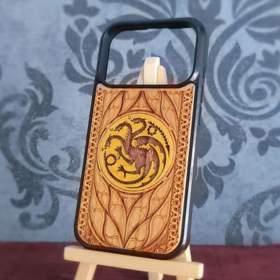 Dragon emblem wood case for iPhone 17 Pro Max with dark medieval hand painted artwork