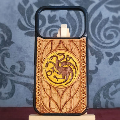 Dragon sigil wood phone case for iPhone 18 Pro with hand painted medieval heraldic artwork