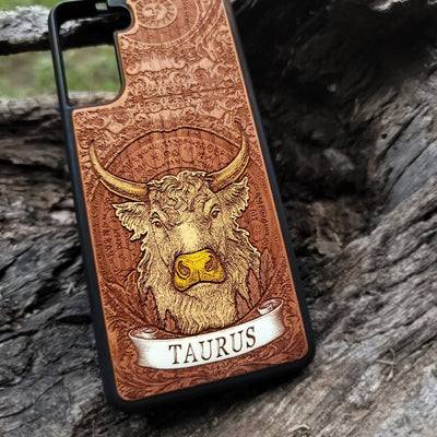 Taurus zodiac phone case in hand-painted engraved wood
