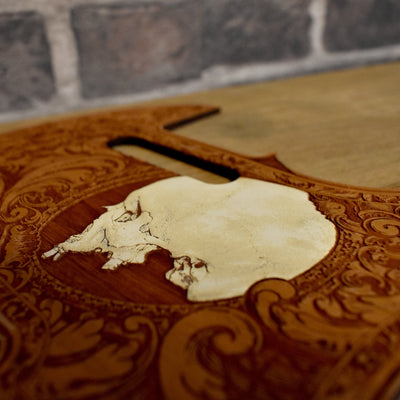 Telecaster Wood Pickguard - Side Skull Hand Painted – gothic art, engraved wood, dark fantasy, skeleton design, artisan crafted