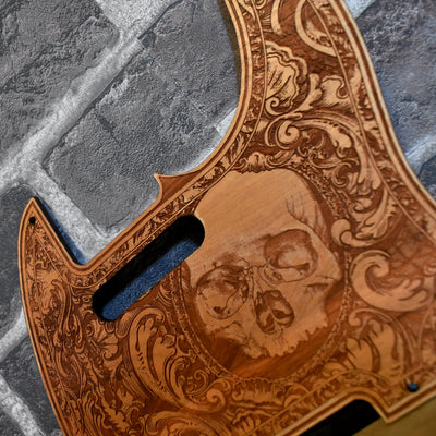 Hand-finished cherry wood pickguard installed on Fender Telecaster guitar