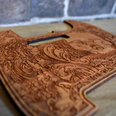 Telecaster Wood Pickguard - Human Skull Front – gothic art, engraved wood, dark fantasy, skeleton design, artisan crafted