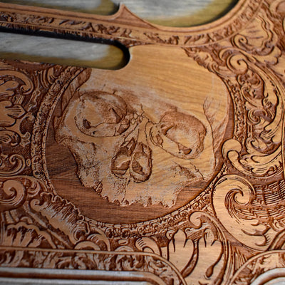 Telecaster Wood Pickguard - Human Skull Front – gothic art, engraved wood, dark fantasy, skeleton design, artisan crafted