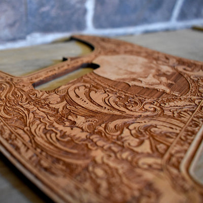 Back view of Fender Telecaster cherry wood pickguard with 5-hole mounting pattern