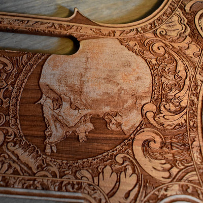 Telecaster Wood Pickguard - Human Skull Side – gothic art, engraved wood, dark fantasy, skeleton design, artisan crafted