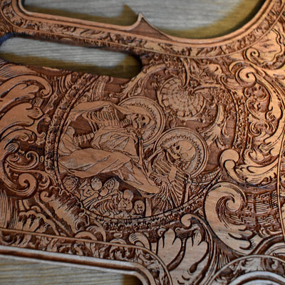 Handcrafted Telecaster pickguard, cherry wood with engraved artwork