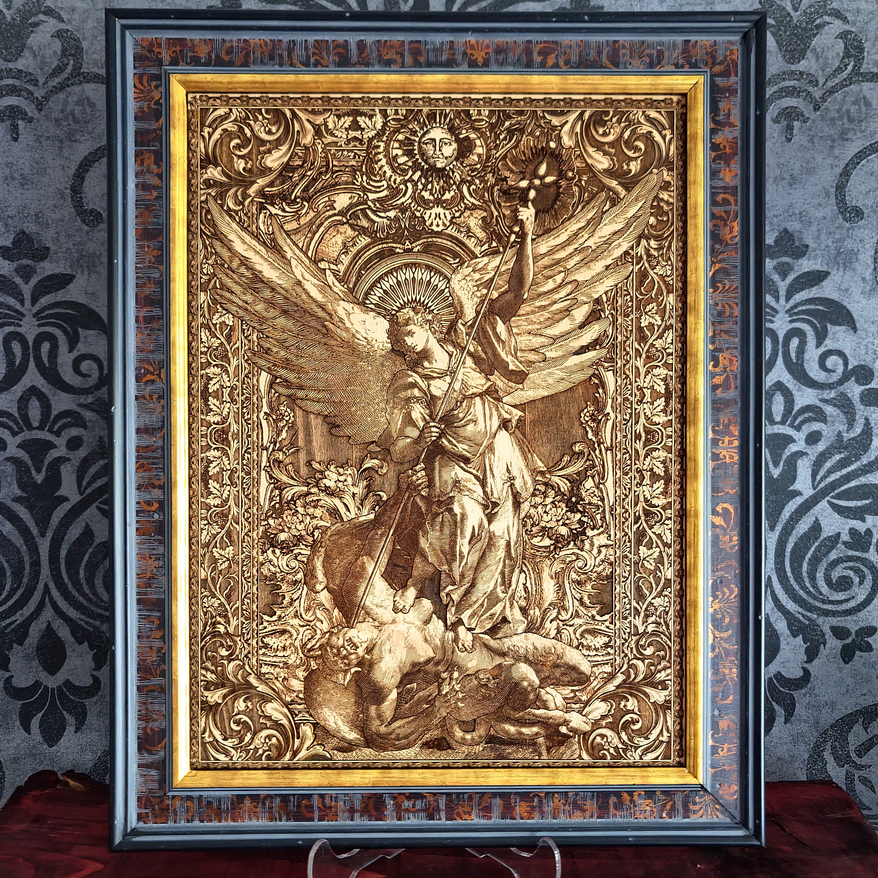 Saint Michael the Archangel defeating the Devil wood wall art icon laser engraved
