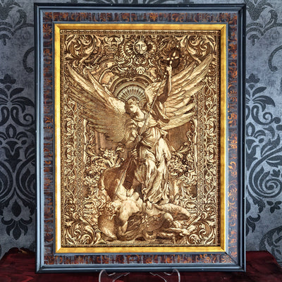 Saint Michael the Archangel defeating the Devil wood wall art icon laser engraved
