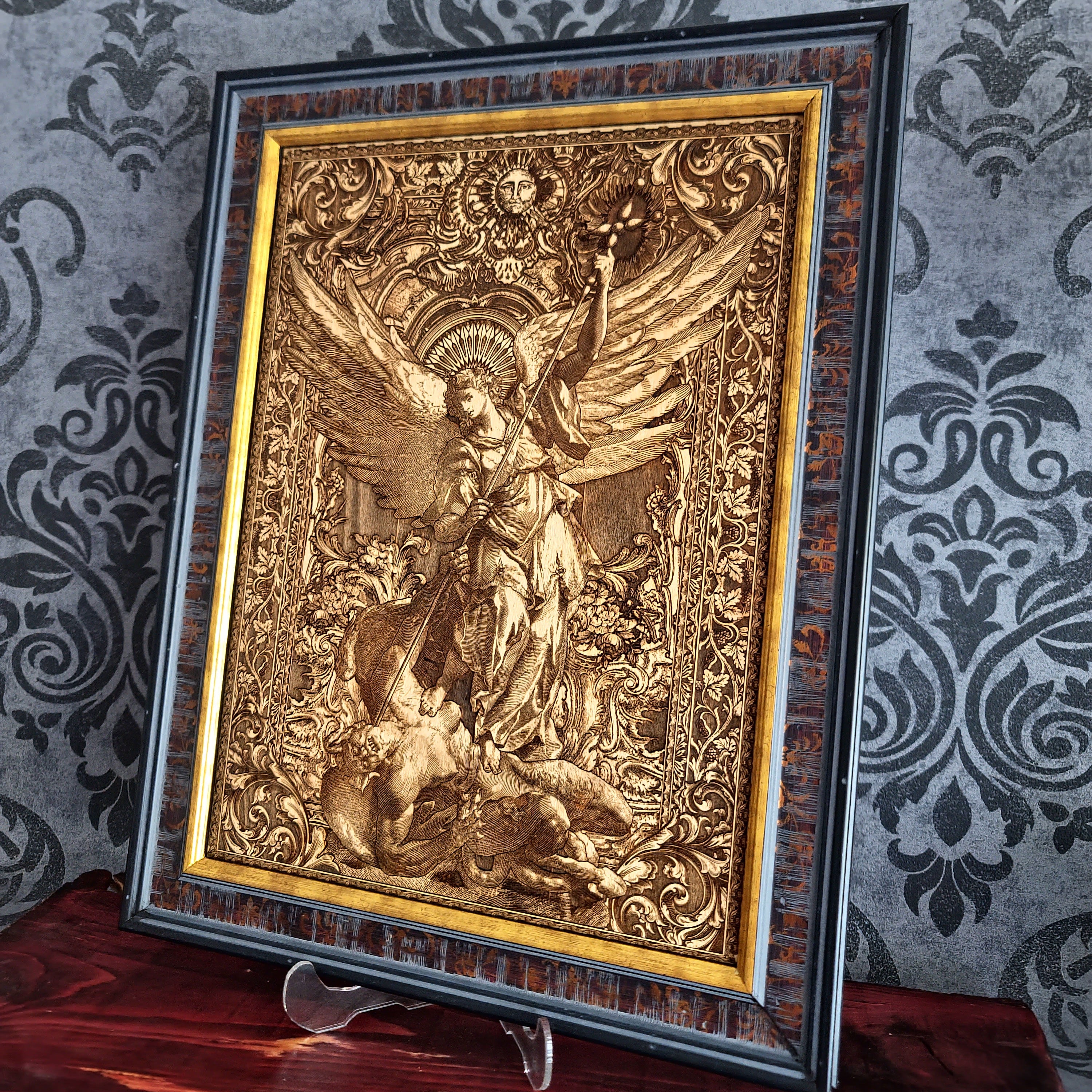 Saint Michael the Archangel defeating the Devil wood wall art icon laser engraved