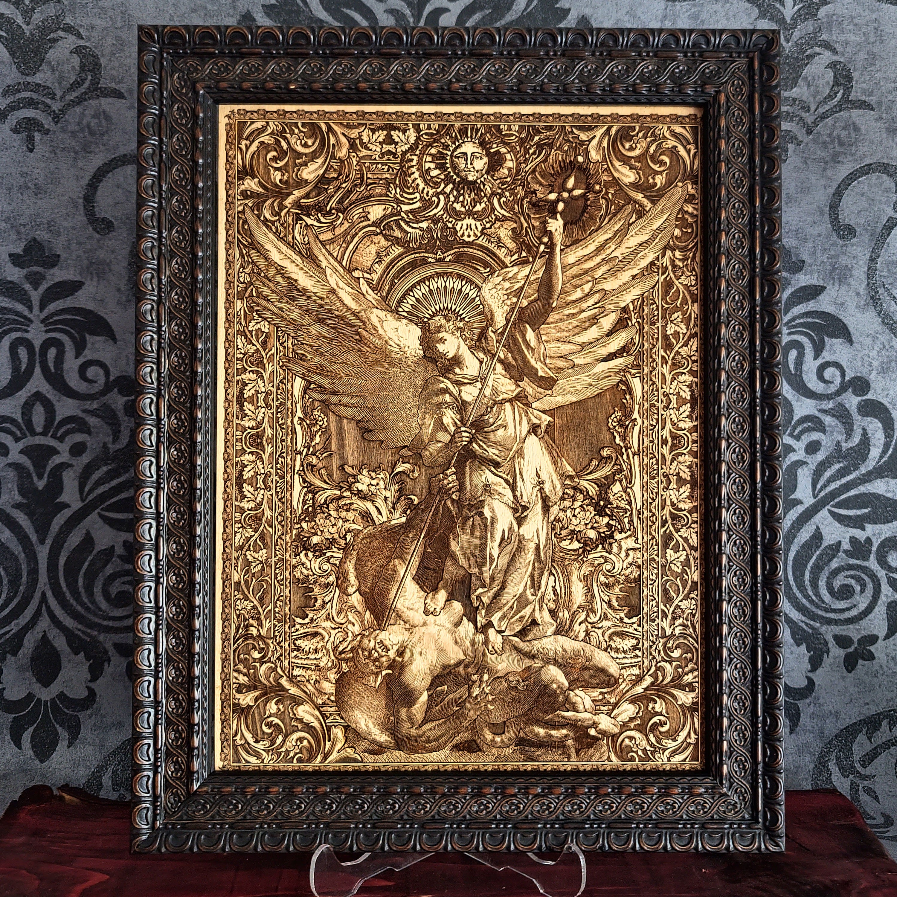 Saint Michael the Archangel defeating the Devil wood wall art icon laser engraved