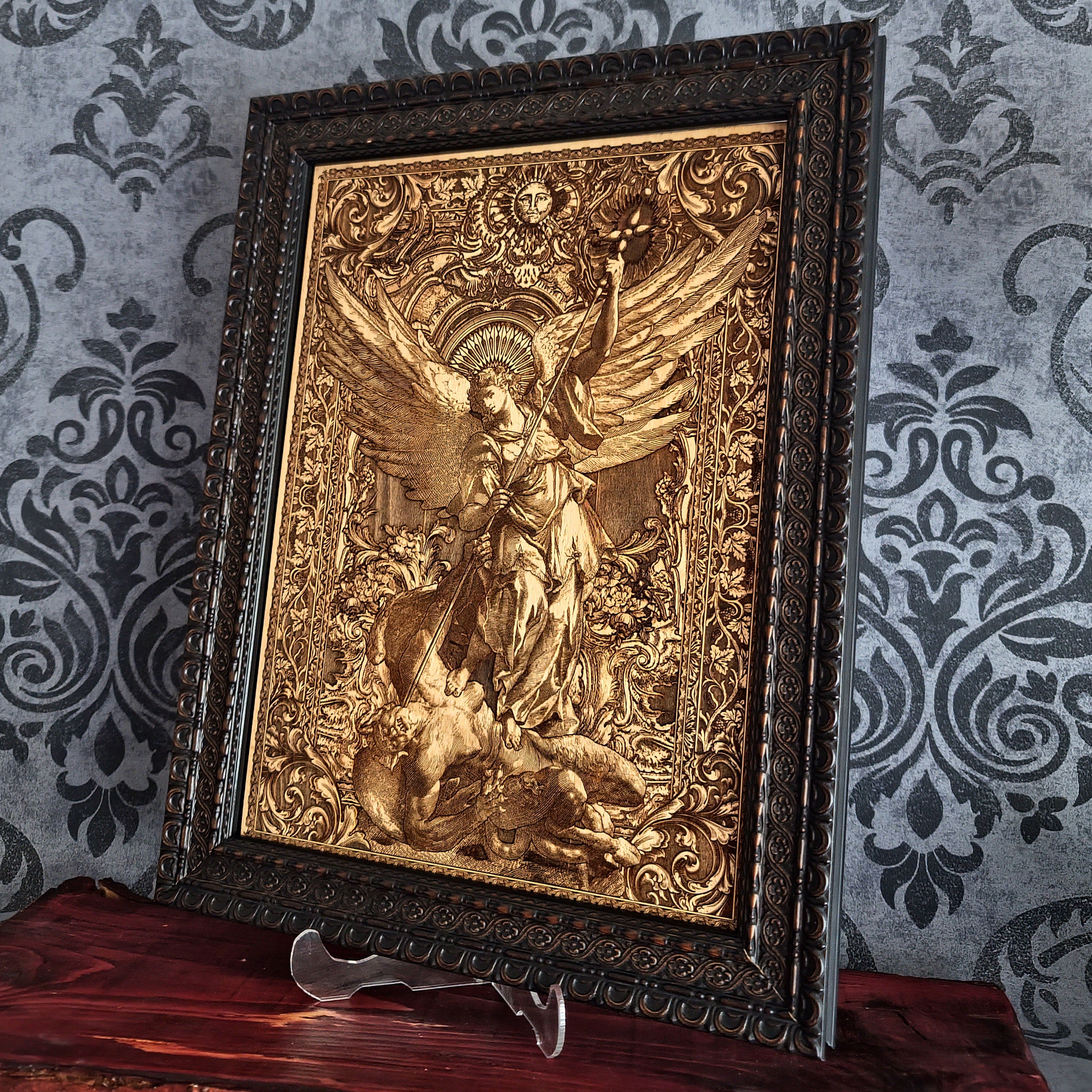 Saint Michael the Archangel defeating the Devil wood wall art icon laser engraved