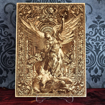 Saint Michael the Archangel defeating the Devil wood wall art icon laser engraved