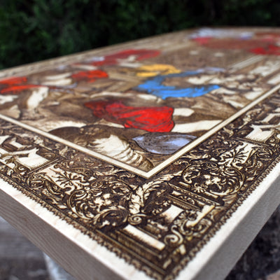 Gothic engraved wood art – gothic art, engraved wood, dark fantasy, skeleton design, artisan crafted