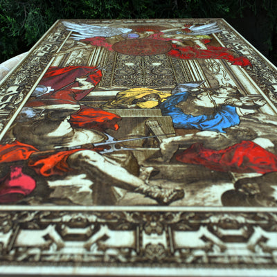 Gothic engraved wood art – gothic art, engraved wood, dark fantasy, skeleton design, artisan crafted