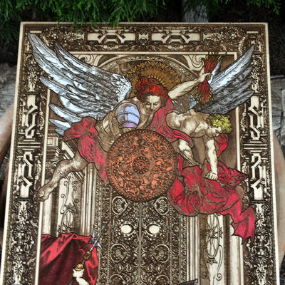 Gothic engraved wood art – gothic art, engraved wood, dark fantasy, skeleton design, artisan crafted