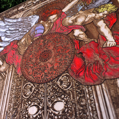 Gothic engraved wood art – gothic art, engraved wood, dark fantasy, skeleton design, artisan crafted