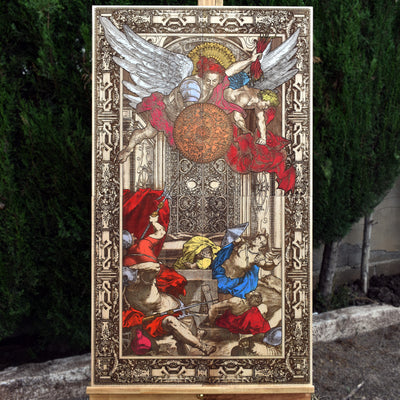 Hand-painted maple wood artwork of Saint Michael the Archangel, a symbol of divine protection and strength.