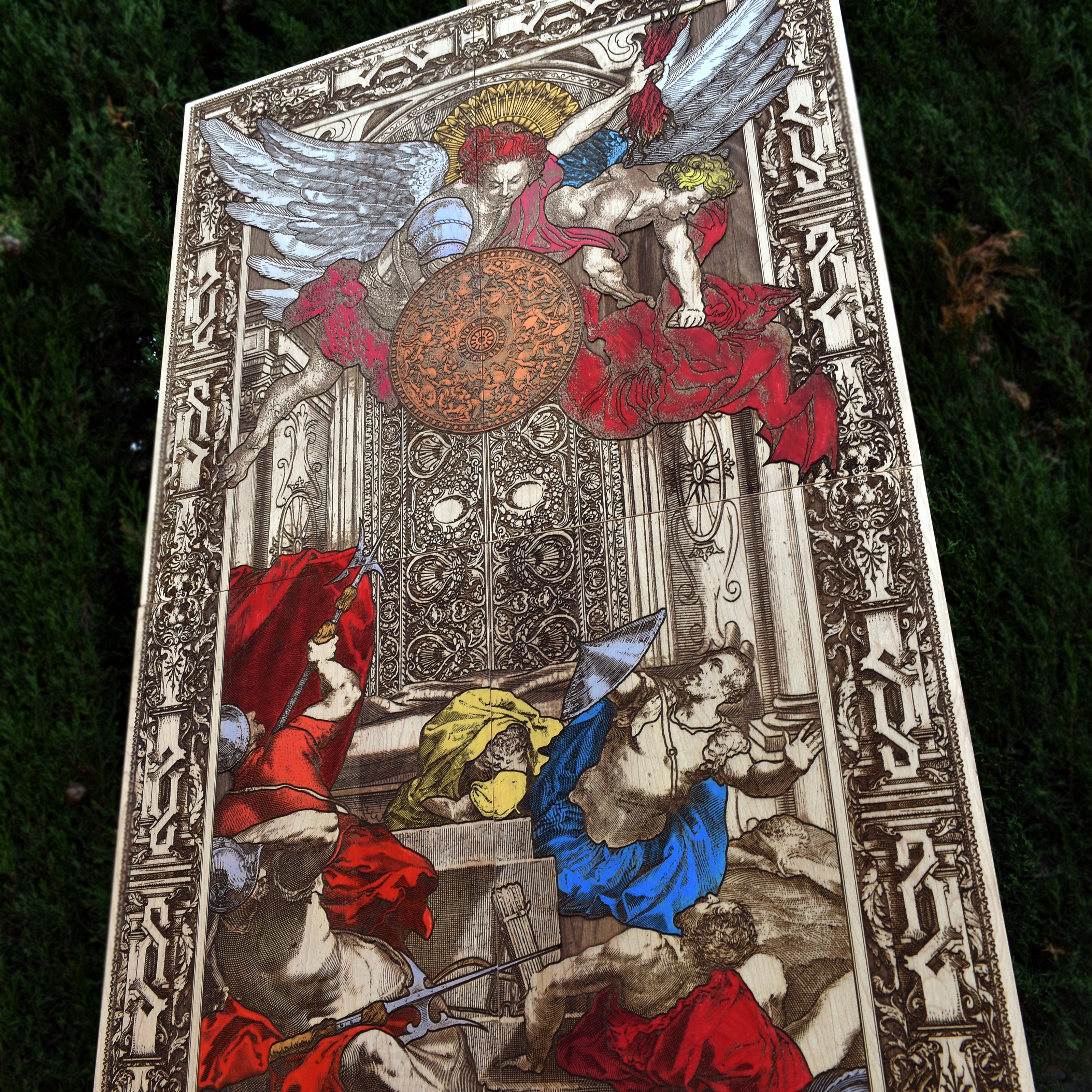 Saint Michael the Archangel wooden artwork, crafted from high-quality maple wood with intricate hand-painted details.