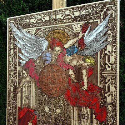 Guardian angel protection art—Saint Michael the Archangel, beautifully painted on natural maple wood.