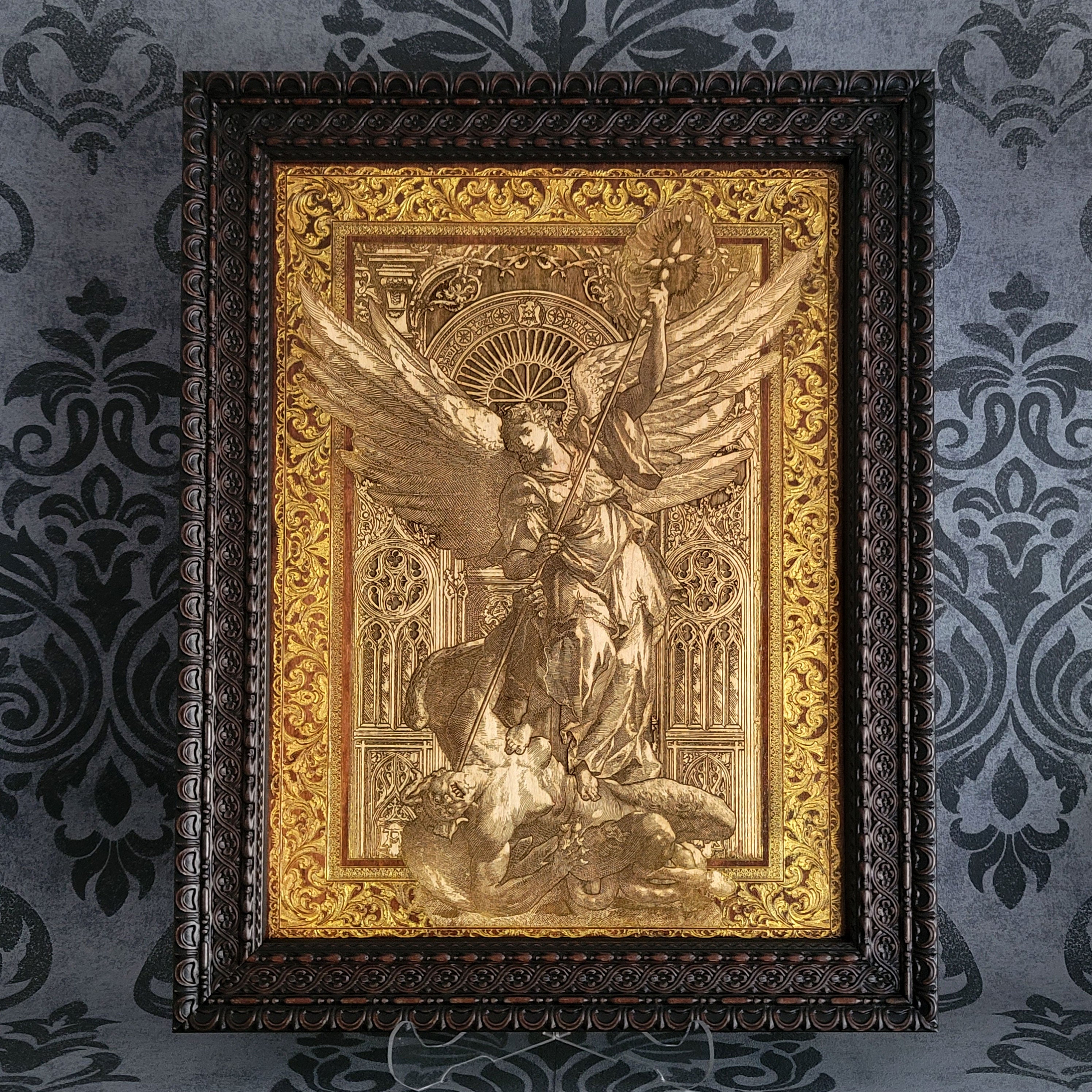 framed saint Michael archangel protector wood icon laser engraved