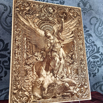 Saint Michael the Archangel defeating the Devil wood wall art icon laser engraved
