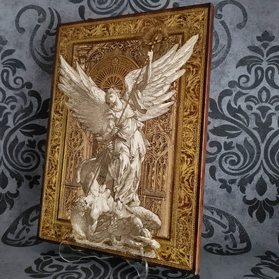 St Michael The Archangel III - Large Maple Stained Wood