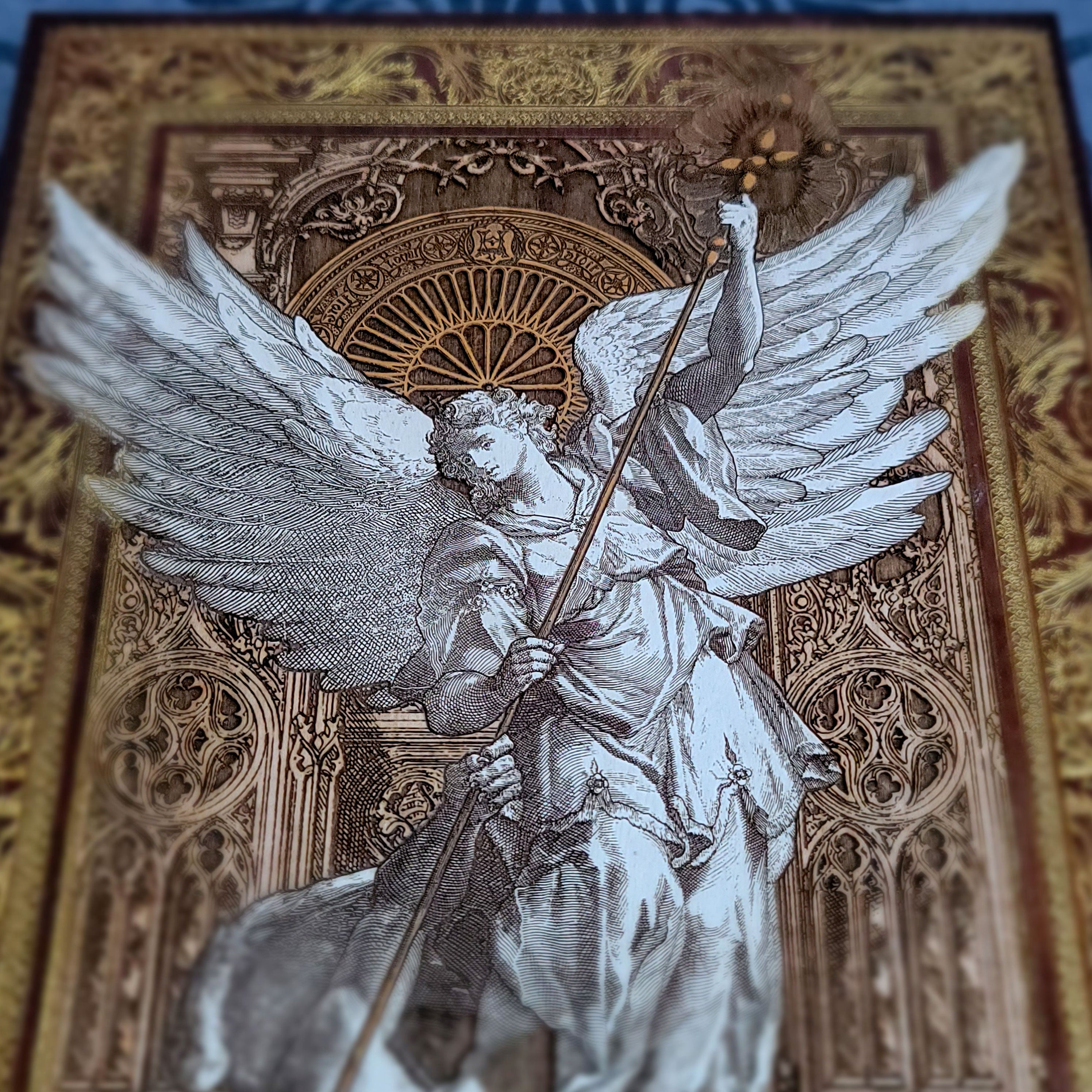 St Michael The Archangel III - Large Maple Stained Wood