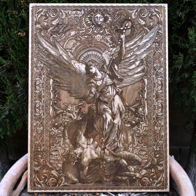 Saint Michael Archangel engraved wood wall art for protection