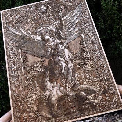 Christian wood art of Archangel Michael with sword and wings