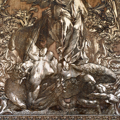 Saint Michael defeating evil engraved on rustic wood wall piece