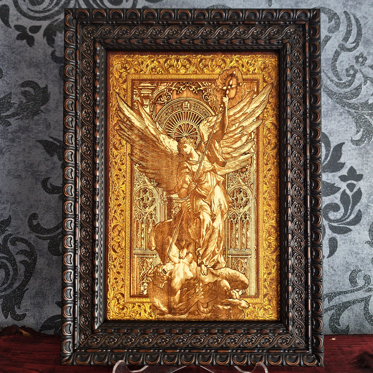 framed Saint Michael the Archangel engraved wood wall art with protector angel defeating evil 