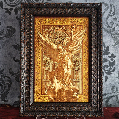 framed Saint Michael the Archangel engraved wood wall art with protector angel defeating evil 