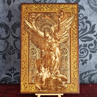Saint Michael the Archangel engraved wood wall art with protector angel defeating evil in detailed Gothic Christian design