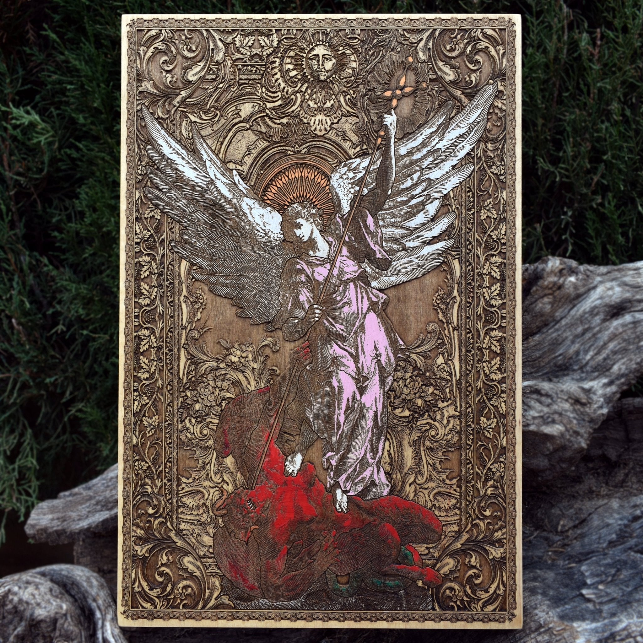 Saint Michael the Archangel engraved in wood, sword raised in spiritual victory.