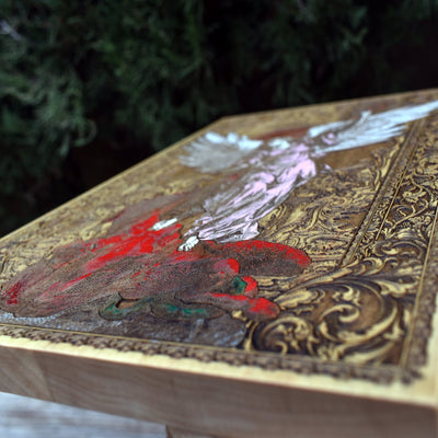 Gothic-style Saint Michael engraved wood decor with detailed wings and armor.