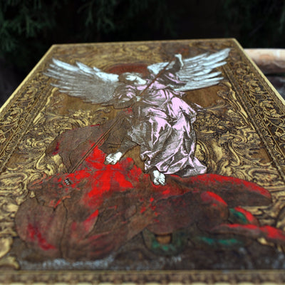 Religious Saint Michael wooden plaque, engraved for spiritual home decor.