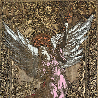 Archangel Michael protecting against evil, gothic Christian wall art.